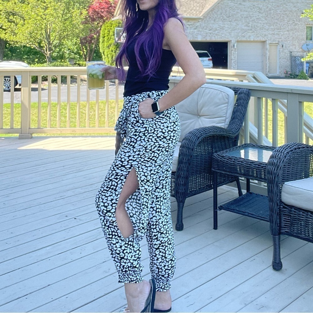 Black Leopard Joggers with Slit Sides​​​​